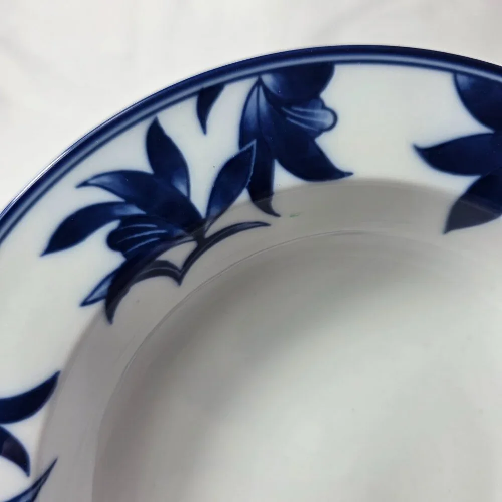 ONE Pier 1 Ming Rim Soup Bowl White with Blue Leaves and Flowers
